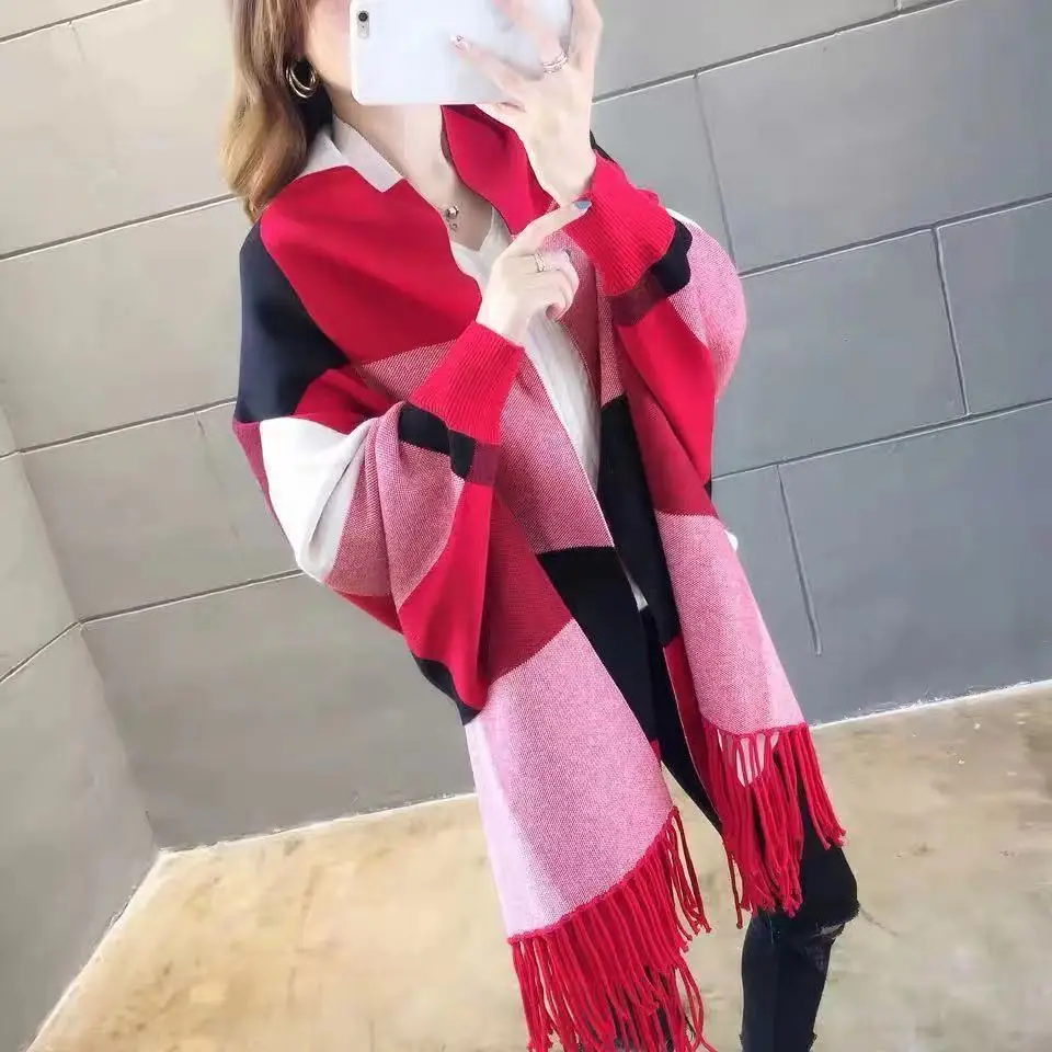 

Cotton Lapel Fashion Lattice Geometric Personality Knitted Cardigan Sweater TrendyTassels Cape Pashmina Women Scarves and Wraps