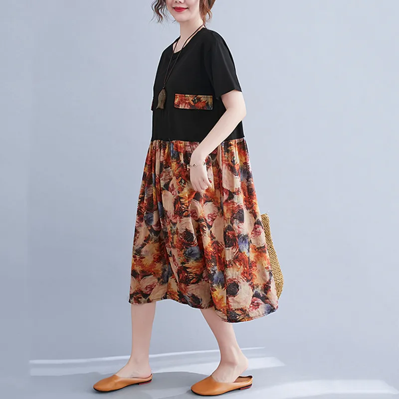 

short sleeve plus size cotton linen vintage floral dresses for women casual loose midi woman summer dress elegant clothes 2021