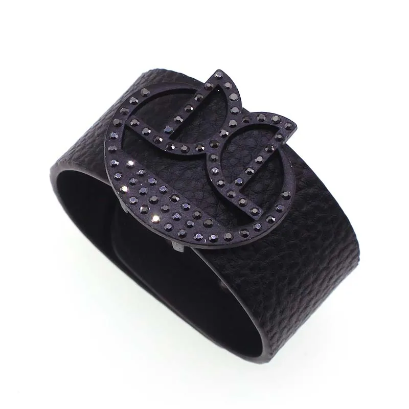 

Fashion Crystal Leather Bracelets for Women Boho Charm Round Wide Wrap Bracelet Statement Female Jewelry