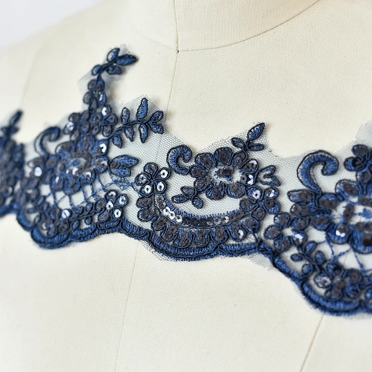 Navy blue 3 ярда/Лот, изысканные цвета, расшитые блестками, с отделкой в виде автомобильных костей, кружева, ширина 11,5 см, свадебное платье, одежда, аксессуары из кружевной ткани - Цвет: Navy blue