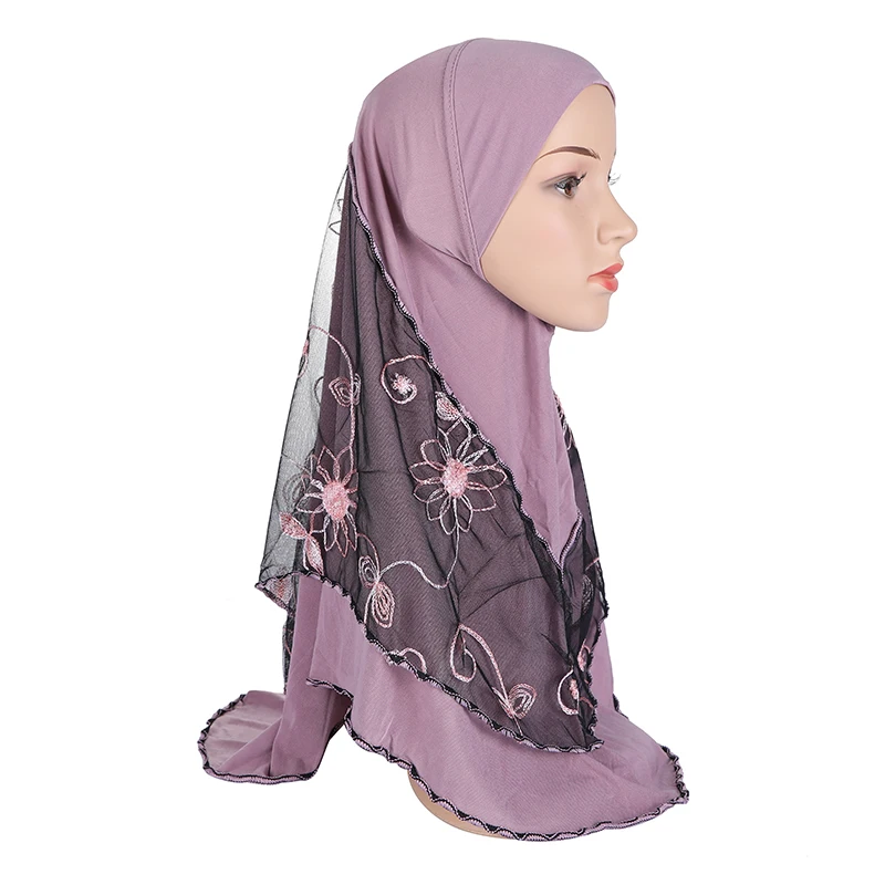 

H012a high quality medium size muslim amira hijab with embroidery net pull on islamic scarf girls headscarf