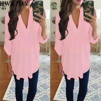 womens fashion casual chiffon tops v neck solid color ladies sexy long sleeve shirt loose tops t shirt blouse