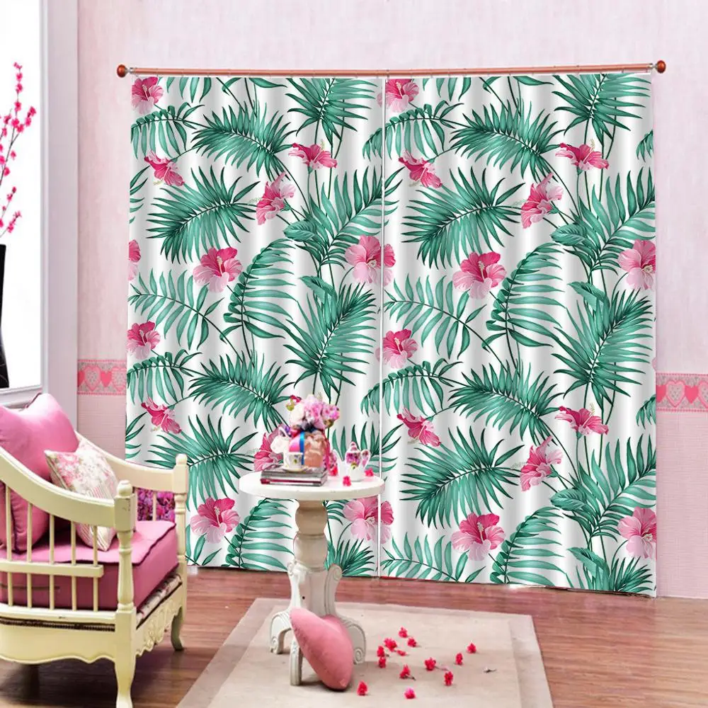 Пользовательские размеры Розовые цветы Гостиная занавеска s листья зеленые окна