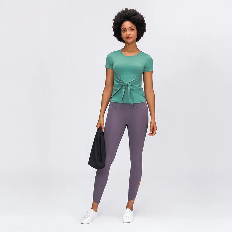 

Tie Front Basic T Shirt Crewneck Buttery Soft Stretchy Breathable Slim Fit Short Sleeve Gym Fitness Yoga Tunic Tee Tops