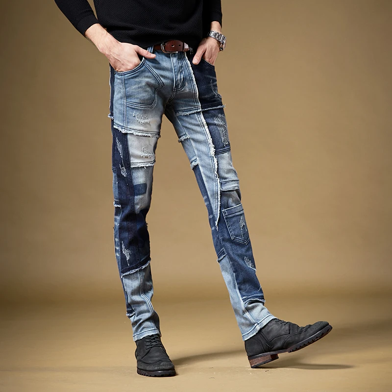 Men Blue Patchwork Jeans Retro Stretch Straight Pants Cotton Slim Fit Jean Streetwear Denim Trousers