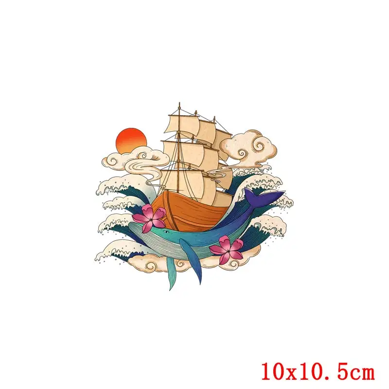 Виниловые японские плавающие нашивки для одежды Prajna с рисунком Кита лодки