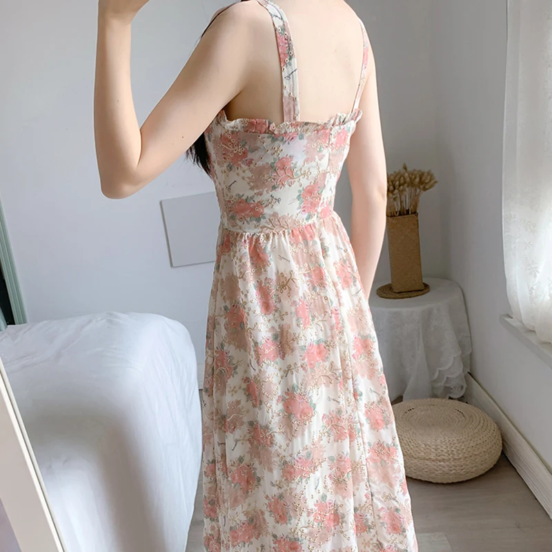 

2021 Fashion Women New Slim Lace Chiffon Sling Sweet French Retro Oil Painting Floral Dress