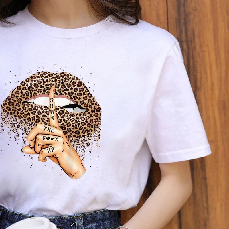 

Womens Black T-Shirt Summer New Fashion Leopard Heartbeat Short Sleeve Print Clothes Ladies Graphic Tops Female Clothes