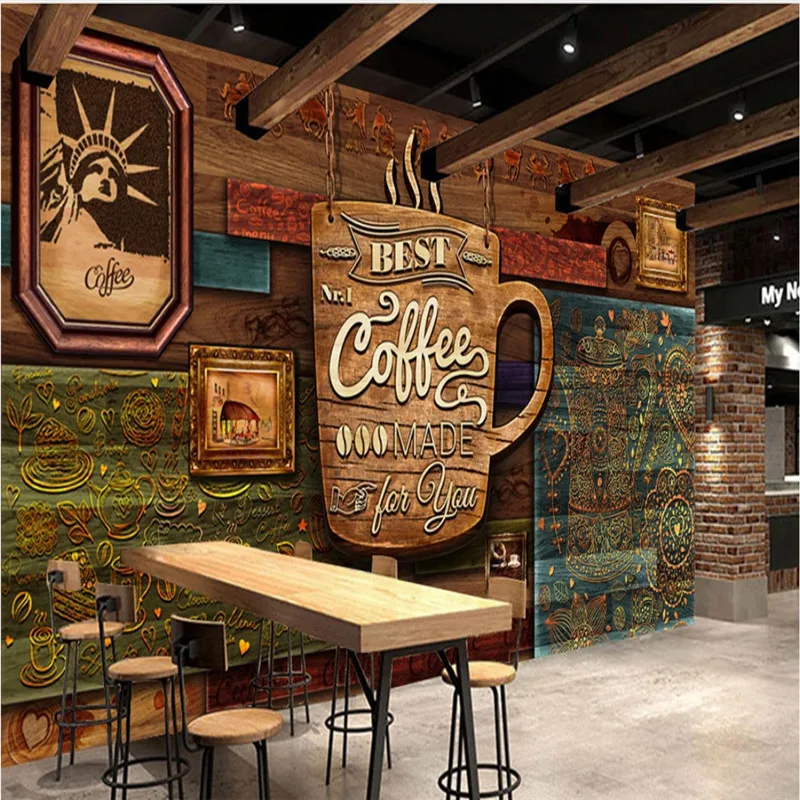 

Custom Advanced Vintage Cafe Wall Paper 3D Coffee House Industrial Decor Wood Plank Textured Embossed Wall Mural Wallpaper 3D