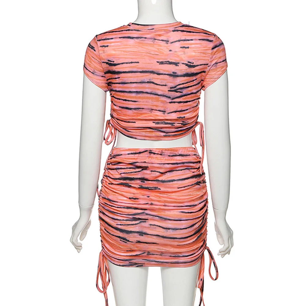 

Missnight Tie Dye Two Piece Set Women Drawstring Woman Tshirt O Neck Short Sleeve Lace Up Mini Skirt 2 Piece Set Streetwear