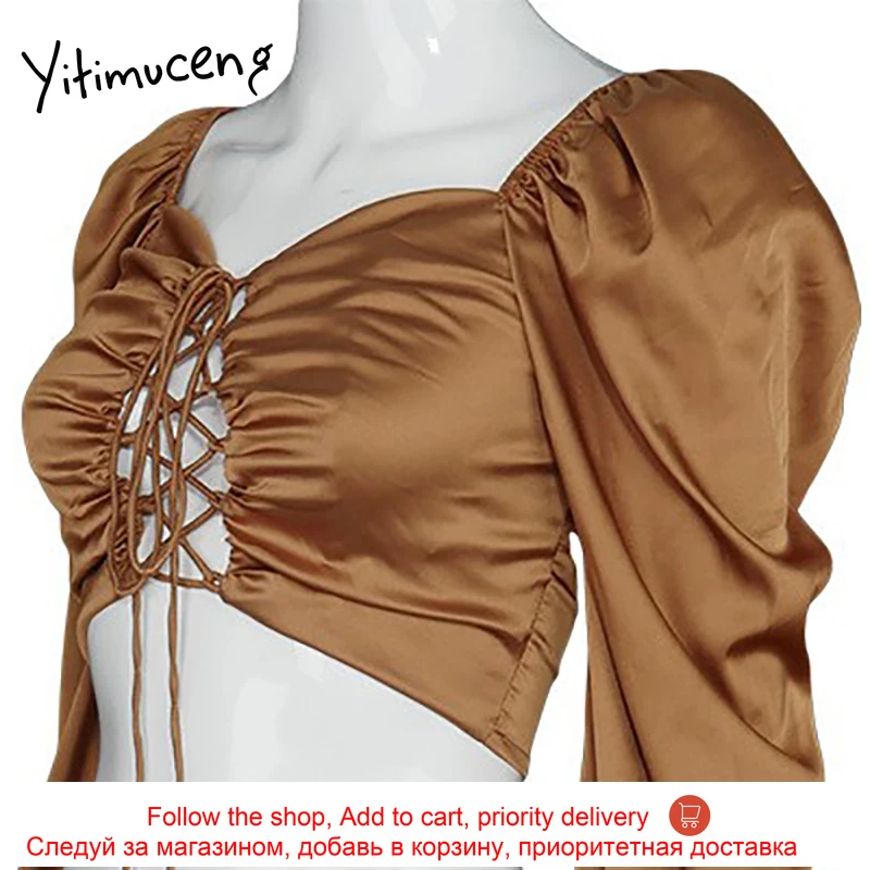 

Yitimuceng Vintage Brown Women T Shirts 2021 Spring Fashion Sexy Club Square Collar Solid Bandage Tops Wrap Chest Long Sleeve