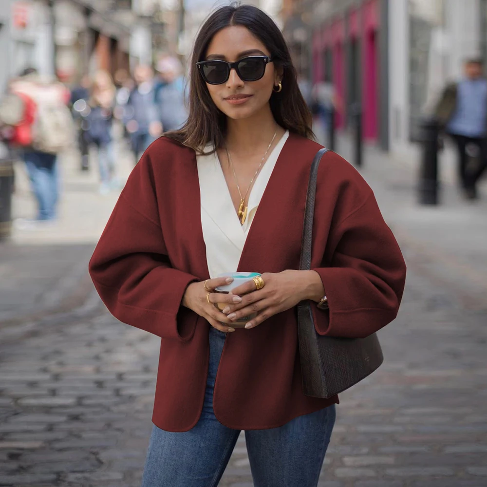 Женское шерстяное пальто с длинным рукавом chaqueta mujer однотонное короткое