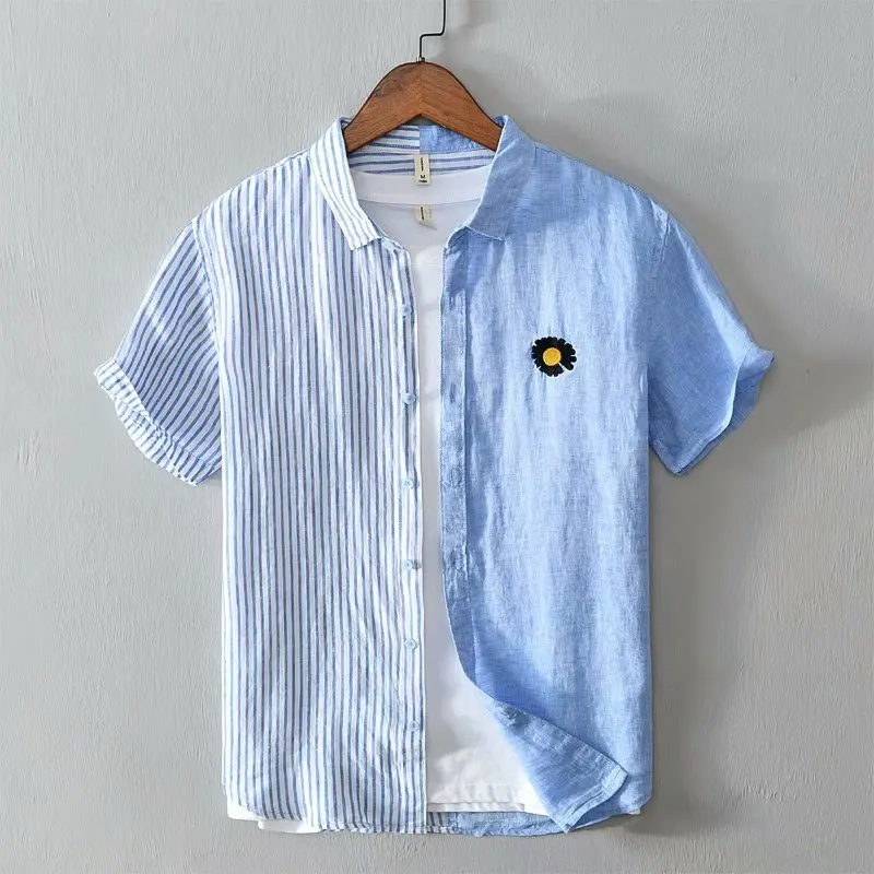 

Casual Shirt Men Summer Striped Short Sleeved T-shirt Fashion Patchwork Business Shirts Mens Loose Breathable T-shirt Top