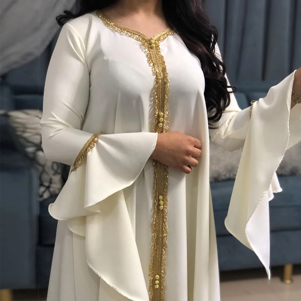 Платье-Макси женское с длинным рукавом, мусульманская одежда с золотистой лентой, Халаби Дубай, марокканская, Турецкая Мода