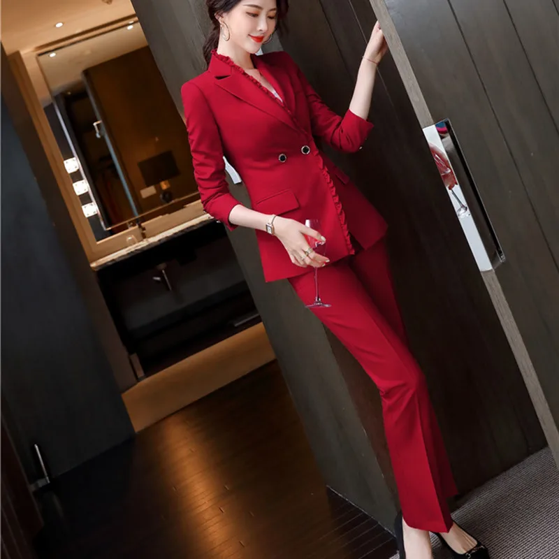 

Red Blazer Oversize Cardigan Women's Autumn Suit Slim Eleagnt Office Clothes Casual Business Pant Suit New Double Breasted Coat