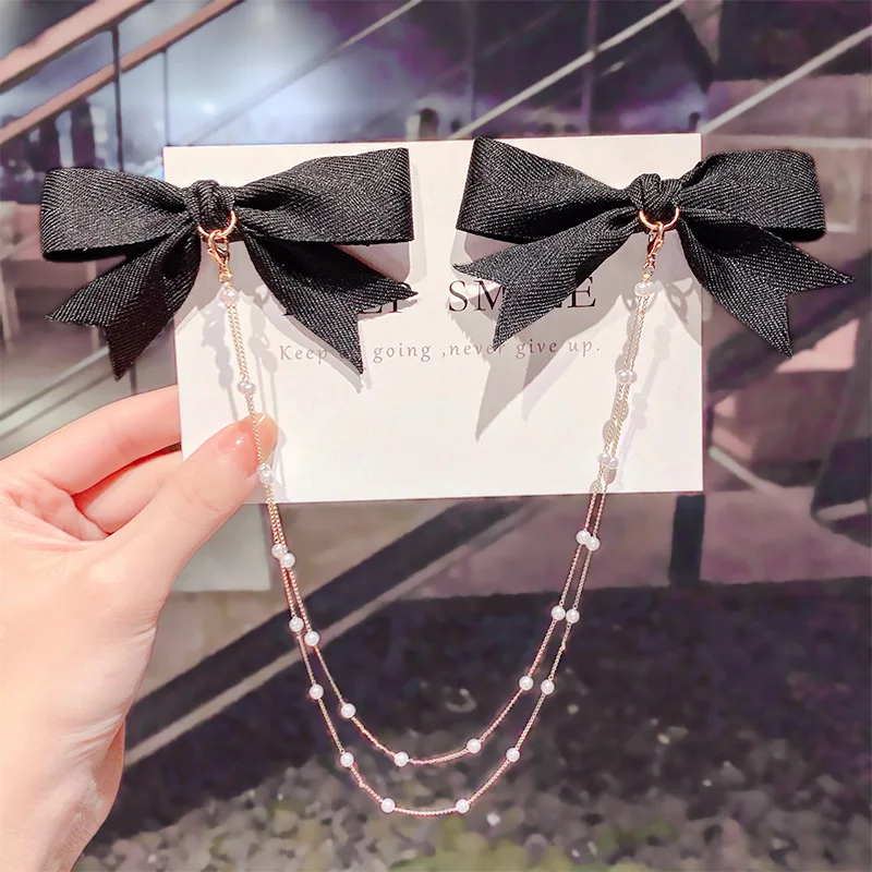 

Bow Black Hair Clips For Women New Rhinestone Chain Spring Clip Barrettes Girls Ponytail Hairpins Festival Hair Accessories