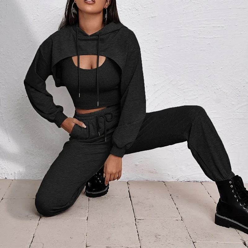 

Women 3 Piece Joggers Tracksuit Solid Sport Causal Long Sleeve Crop Hooded Top And Camis And Pants Female Sportswear Set Autumn