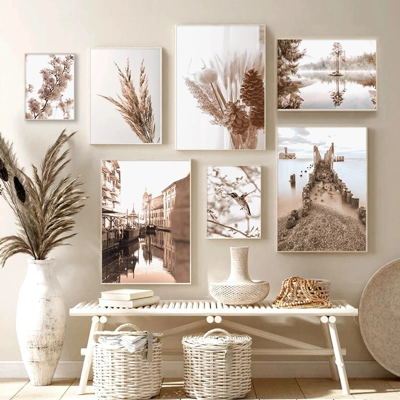 Скандинавский природный пейзаж Картина на холсте цветок трава Пляжная птица