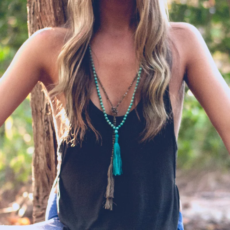 

New Turquoise Beaded Handmade Knotted Line Tassel Necklaces for Women Retro Long Sweater Chain Fashion Jewelry Accessories