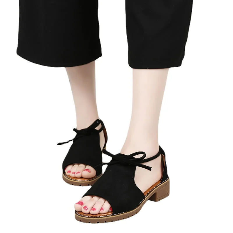 

Summer Women Sandals Peep Toe Flat Shoes Concise Flock Solid Color Black Ladies Casual Footwear For Sweet Girl 2021 New Arrival