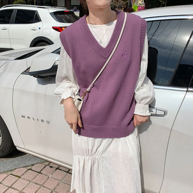 8 colors 2021 japanese preppy style embroidery sleeveless v neck knitted loose vest sweaters womens (X1135) | Женская одежда
