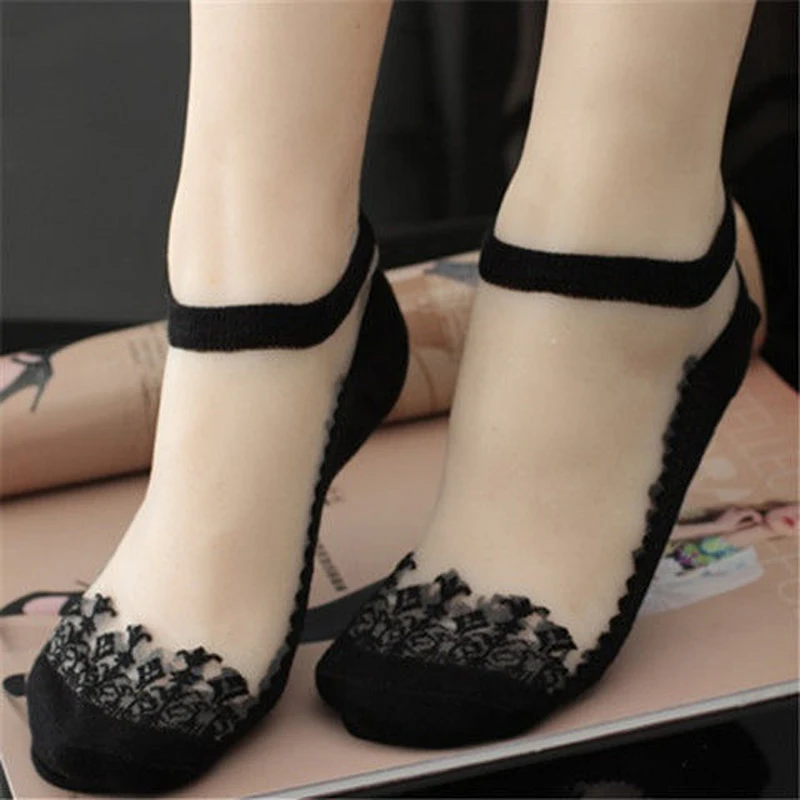5 pairs/lot New style Quality Socks female Lace  socks summer  short socks crystal ice silk cotton bottom Ultra-thin boat socks