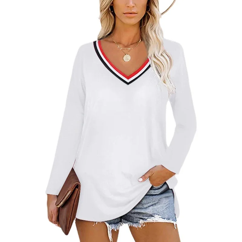 

Fashion Shirt Women Solid Color V Neck T-Shirt Elegant Long Sleeve Slim Blouse Women Cotton Loose Female Party Women Clothes