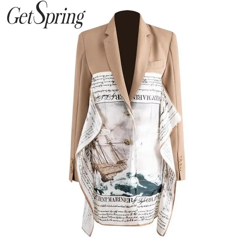 GetSpring Women Blazer Single Breasted Long Sleeve Ladies Blazer Coat Print Patchwork Women's Suit Jacket Loose Long Woman Coat
