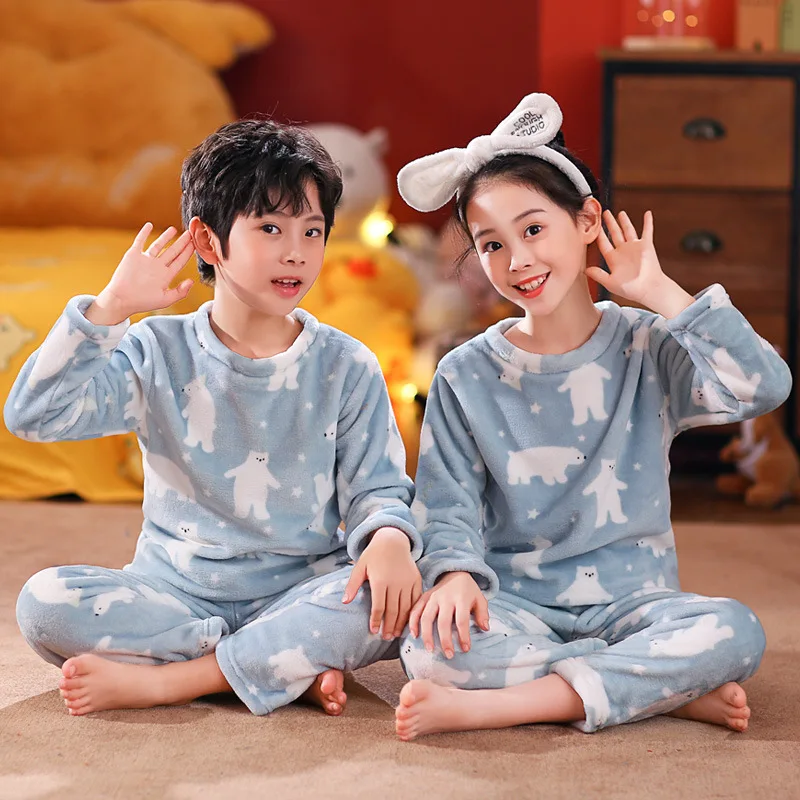 Pijamas de franela de manga larga para ni&ntilde;os y adolescentes, ropa de dormir para el hogar, de invierno-1