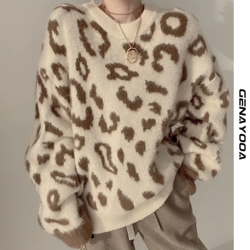 

Genayooa O-neck Leopard Sweater Women Long Sleeve Korean Style Pullover Ladies Jumpers Chic Sweaters 2021 Autumn Winter Fashion