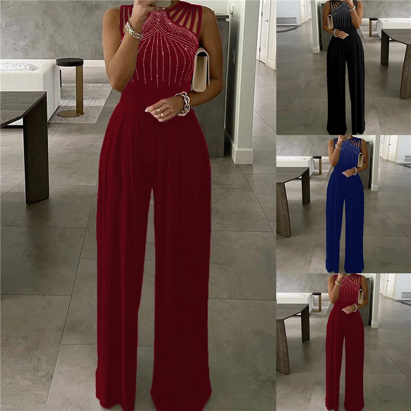 

2022 New Summer Party Wear Clothes Women's Sexy Studded Cutout Ruched Wide Leg Jumpsuit Casual Sleeveless Long Pants