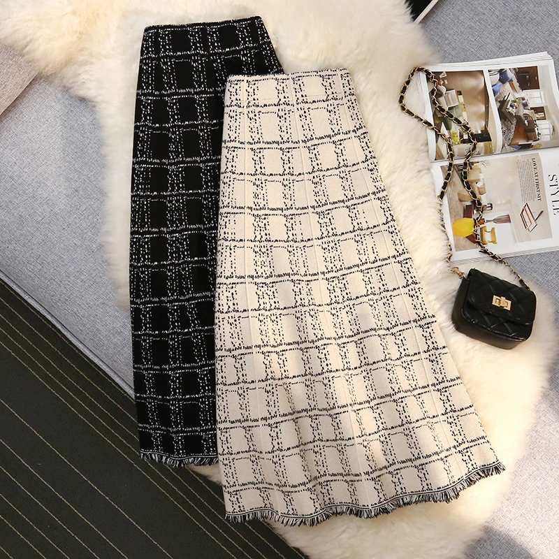 

Limiguyue Plaid Knitted Midi Skirt Women High Waisted Tassel Mid-Length A-Line Skirts Autumn Winter Elegant Jupe Longue K3523