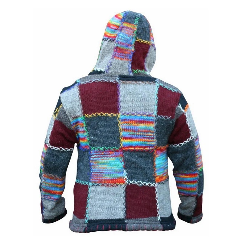 

Vintage Men Cardigan Hooded Sweater Men Jacket Autumn Patchwork Knit Ethnic Style Outwear Patch Sweatshirts Coat Tops
