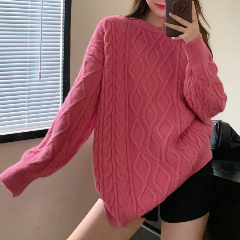 

Medium and Long Thickened Twist Sweater Women's Wear in Autumn and Winter with Pullover Top Loose and Lazy Sweater Outside