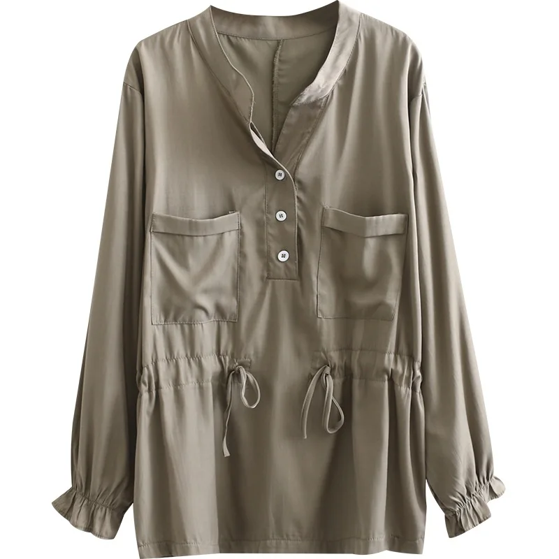 

Осенние женские рубашки, Женские однотонные топы, женская блузка с длинным рукавом, блузка из тенсела с двойным карманом, свободная фотооде...