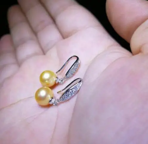 

8-9mm natural round golden Australia south sea pearl dangle earring