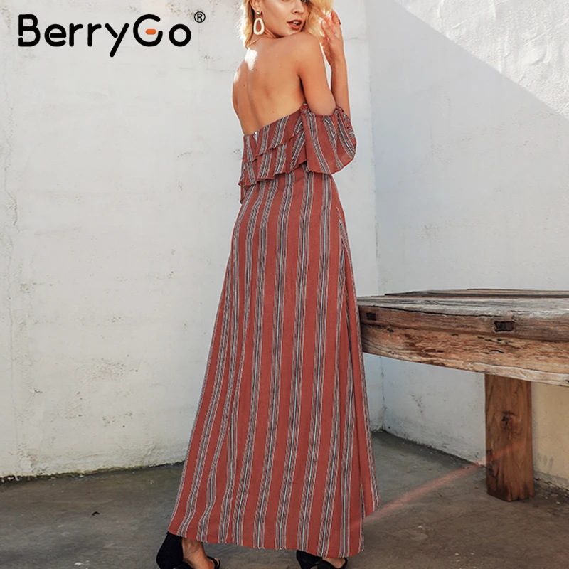 BerryGo, сексуальные полосатые женские платья, длинное льняное платье с открытыми плечами и оборками, летние платья, винтажные женские праздничные пляжные платья