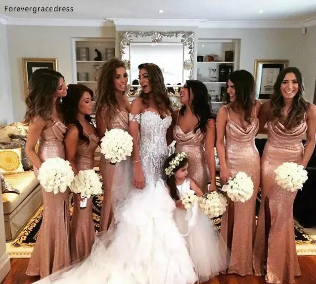 Дешевое Сверкающее розовое Золотое Платье фасона русалка для подружки невесты с