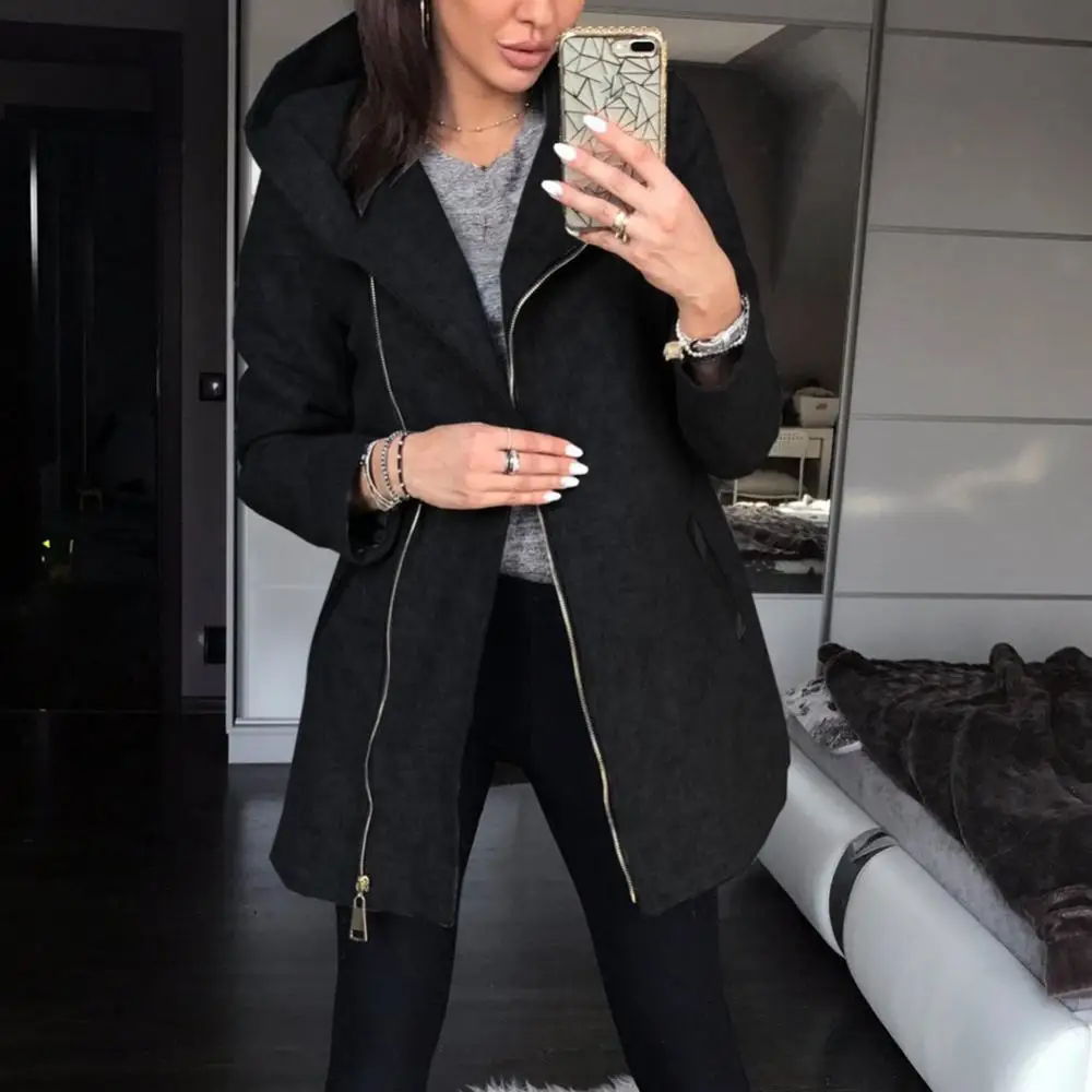80% Hot Sell Women Fashion Solid Color Thicken Wadded Hooded Coat Zipper Midi Jacket Outwear
