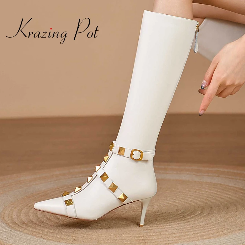 

krazing pot full grain leather pointed toe stiletto high heels rivet decoration Korean street beauty girls thigh high boots L77