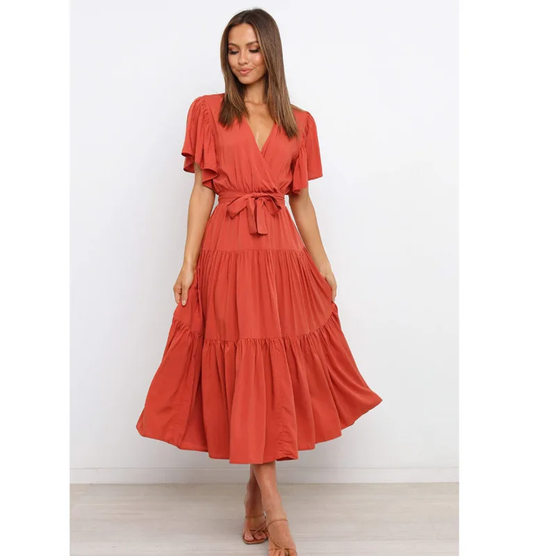 

Spring Summer New Women Fashion Solid Short Sleeve V-Neck Bandage Pleated Long Dress Patchwork Loose Casual High Street Vestidos