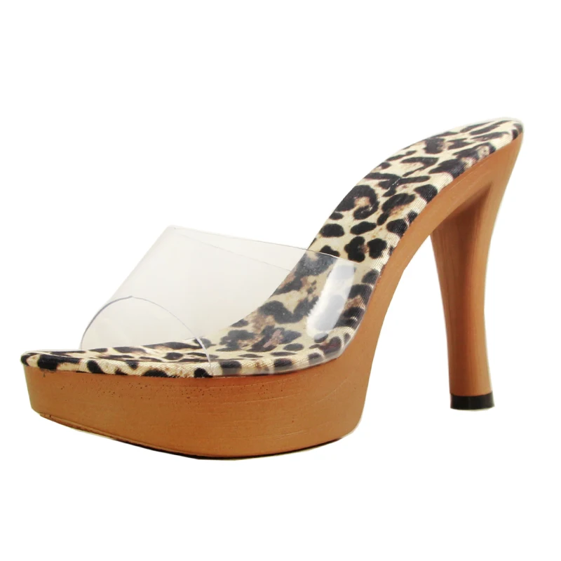 

Transparent Woman Slipper Nightclub Sexy Leopard High-heeled 11.5CM Platform Ladies Shoes Women Slippers Waterproof Summer Shoes