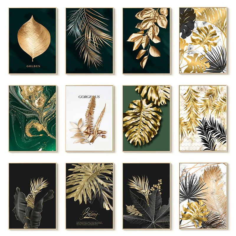 

Black golden leaves Green background Simple canvas painting Living room decor Sofa background decoration paintings frameless