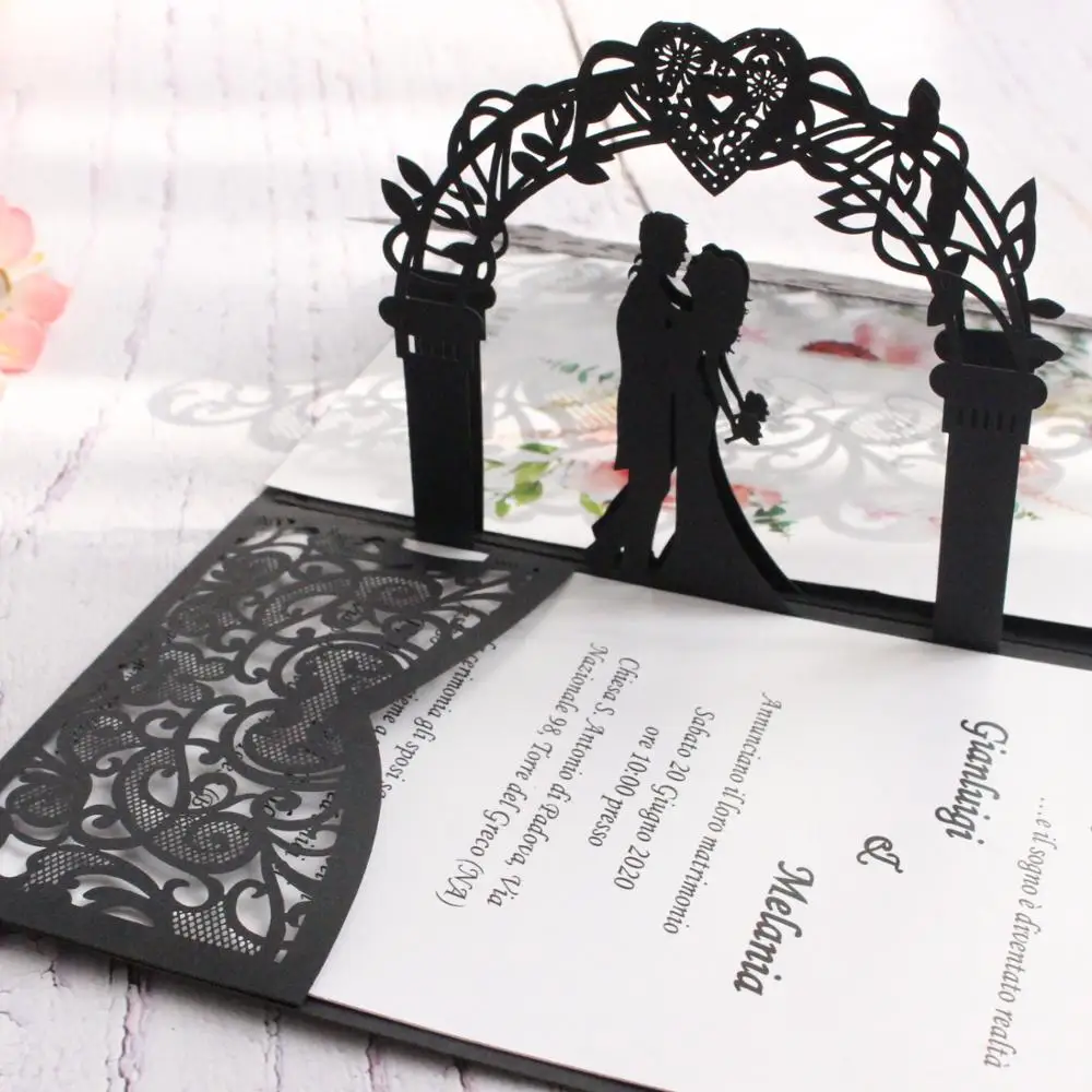 Black pop up invitation card floral couple laser cut greeting card pocket customized printing party decorations