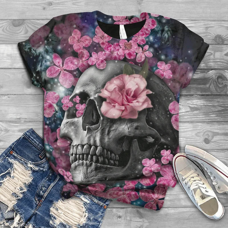 

New 2021 Summer Women's Fashion Street Harajuku T-shirt Trend Skull 3D Printing Short Sleeve Casual Cool Top Crew Neck Tee