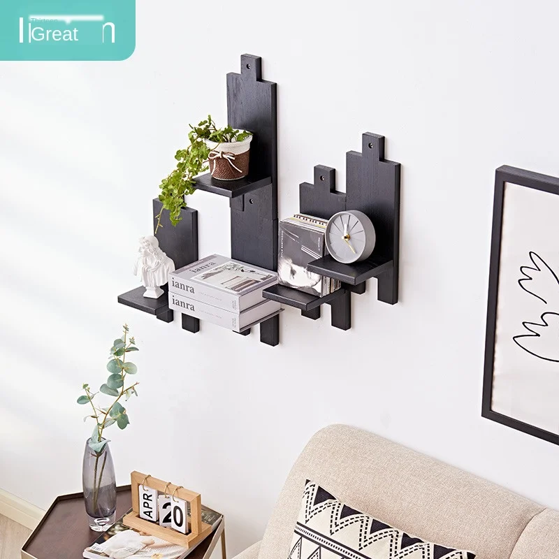 

Irregular shape solid wood splicing shelf living room background wall decorative rack practical flowerpot water cup organizer