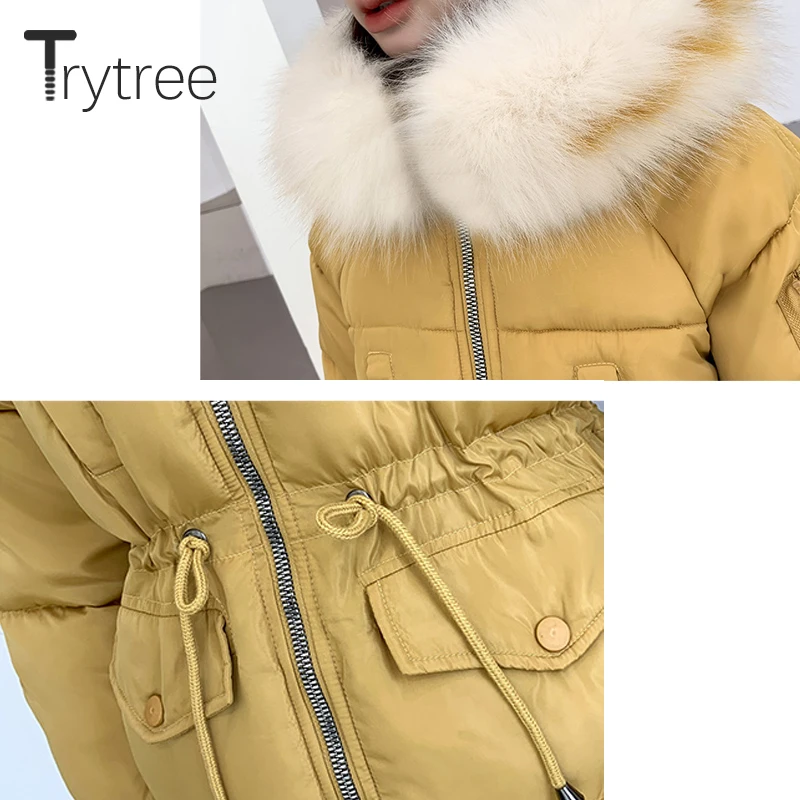 Trytree зимнее женское повседневное пальто с меховым капюшоном на молнии кулиской