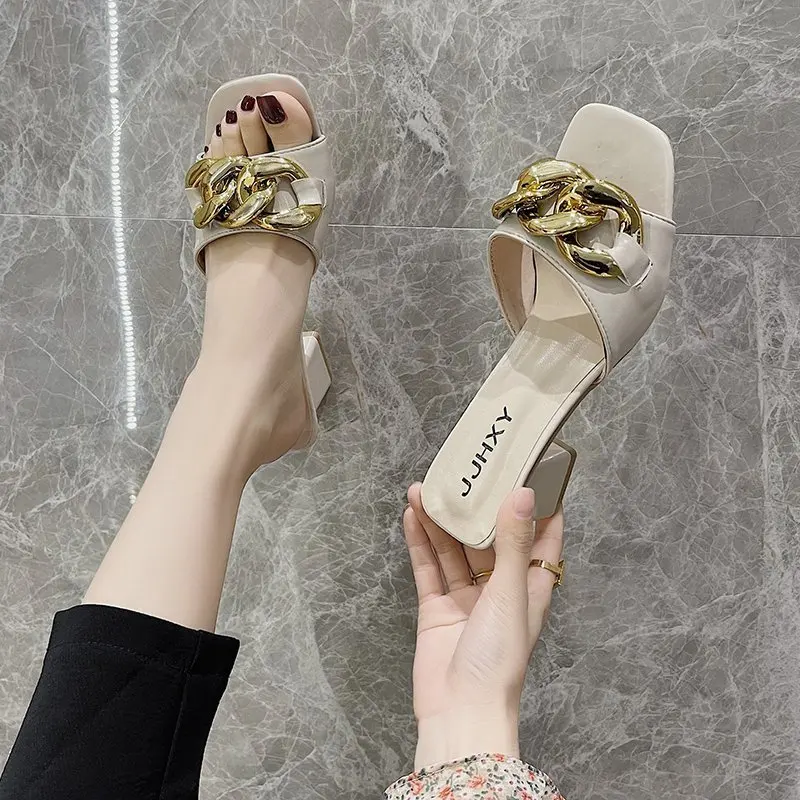 

2021 Women Sandals Square Toe Summer Lady Heels Shoes Fashion Chain Decorate Ladies Sandals plus size 35-43