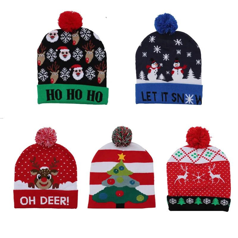 

2022 New Year Decorations LED Christmas Hat Sweater Knitted Beanie Christmas Light Up Knitted Hat Christmas Gift for Kids Xmas