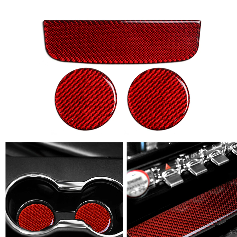 

For Ford Mustang 2015-2019 Storage Box Panel Trim Water Drink Holder Cover Board Moulding Strip Decor Carbon Fiber Red Sticker